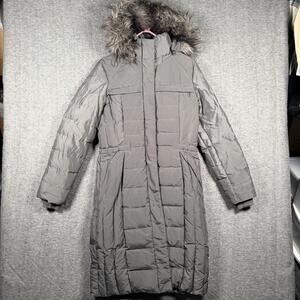 Calvin Klein Coat Womens XS Gray Hooded Down Puffer Long Parka Winter Faux Fur